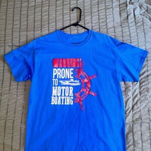 Men’s “Warning! Prone to Motor Boating” Graphic Tee – Blue Boating Shirt